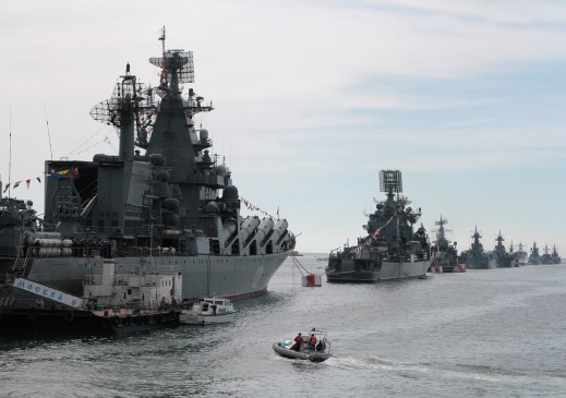 Russian Navy vessels are anchored in a bay of the Black Sea port of Sevastopol